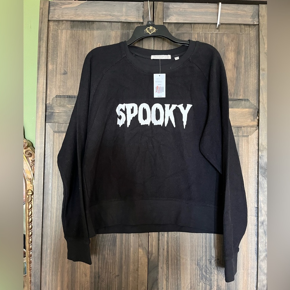 Holloween themed  (SPOOKY ) 100% cotton black size medium women’s top NWT